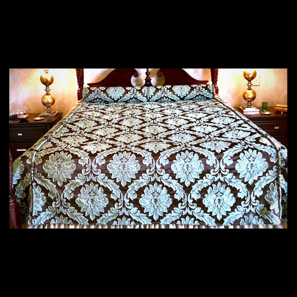 Bedspread/blanket cover damask, espresso, and turquoise & Bed roll pillow Custom